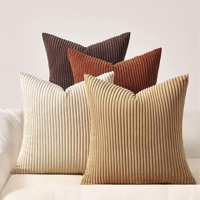 Topfinel Boho Throw Pillow Covers 18x18 Inch Set of 4 Soft Farmhouse Corduroy Striped Decorative Cushion Cover Beige Brown Gradient Rustic Pillow Case for Sofa Couch Living Room Bedroom