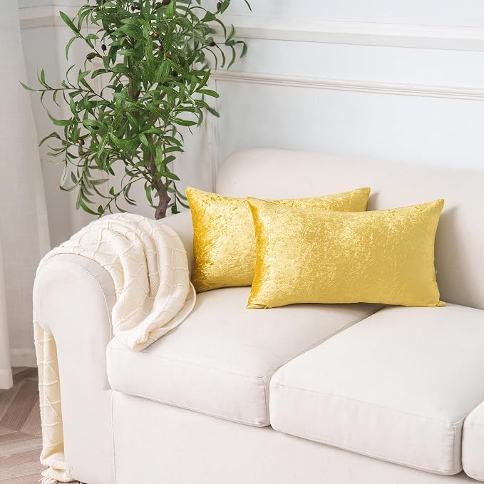 NiNi ALL Gold Velvet Throw Pillow Covers 12x20 Pack of 2 Decorative Couch | Soft Solid Boho Cushion Squar Pillow Cases for Chair Sofa Bedroom Farmhouse Living room Modern Luxury Home Decor Christmas