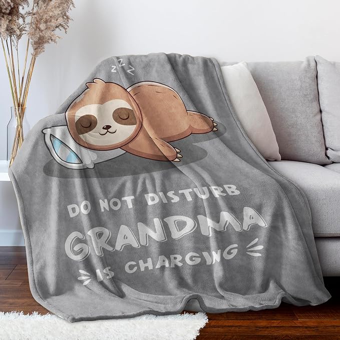Leebbsin Funny Gifts for Grandma, Grandma Birthday Gift from Grandkids | Grandma is Charging Sloth Blanket 60" x 50", Grey, Grandmas Gift for Christmas Mothers Day, Soft Sloth Blanket for Grandma