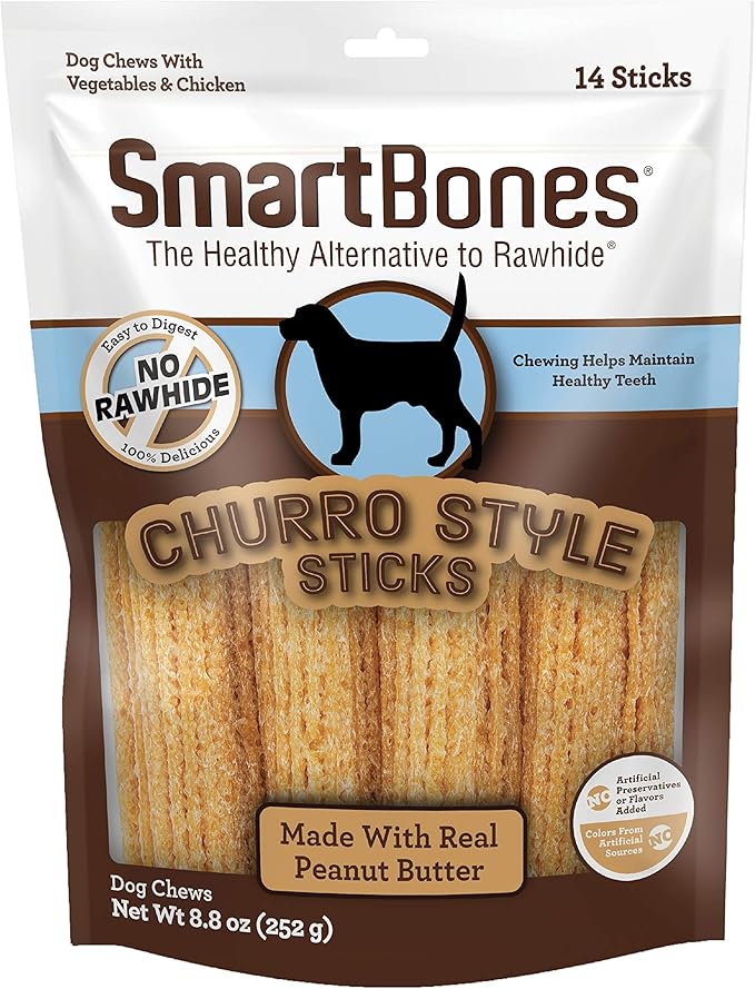 SmartBones Churro-Style Sticks Rawhide-Free Dog Treats, 14 Count | With Real Peanut Butter & Chicken, Easy To Digest Chew, No Artificial Preservatives or Flavors, For Adult Dogs