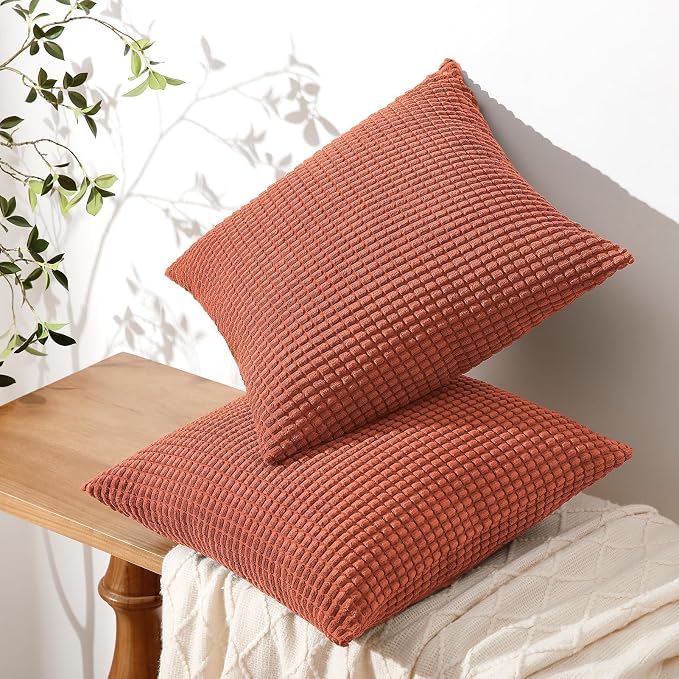 Softalker Corduroy Fall Throw Pillow Covers 20x20, Set of 2, Burnt Orange | Soft Boho Striped Pillow Cases, Couch Fluffy Cushion Covers for Farmhouse Home Decor Bed Living Room