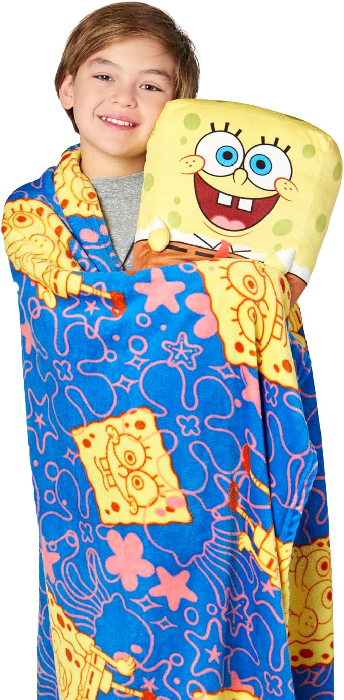Northwest Spongebob Spongey Smiles Hugger Pillow & Silk Touch Throw Blanket Set, Stuffed Animal, 50x60 inch Blanket and 11 inch Plushie