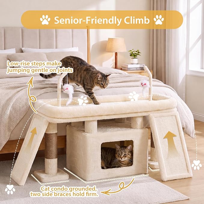 Heybly Cat Tree Extra-Long & Stable 2 Adjustable Scratch Boards HCT210SMJ | Easy-Climb Cat Tower with Dual-Leg Floor Condo, Sturdy Cat Furniture with Extra Wide Platform & Interactive Toys, Beige