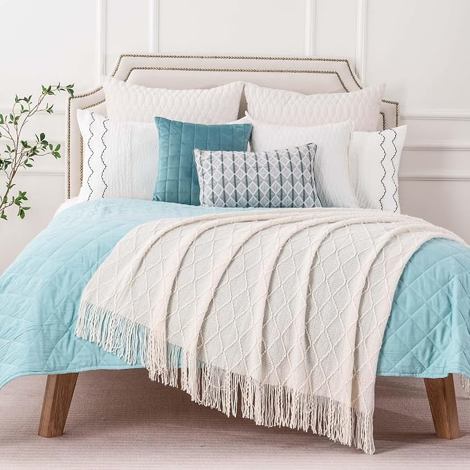 BATTILO HOME Cream Throw Blanket for Couch, Boho Bedroom Decor Throws, Decorative White Throw for Sofa Living Room, 50"x60" | Boho Bedroom Decor Throws, Decorative White Throw for Sofa Living Room