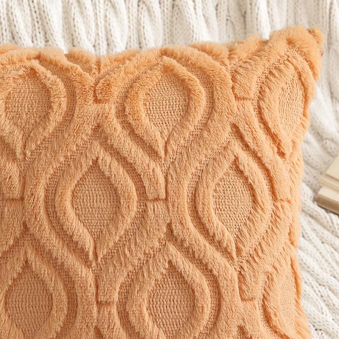 decorUhome Faux Fur Plush Light Orange Throw Pillow Covers 22x22 Set of 2 | Plush Solid Fall Couch Pillow Covers, Accent Modern Farmhouse Neutral Decorative Square Pillow Cases for Sofa Bed Living Room