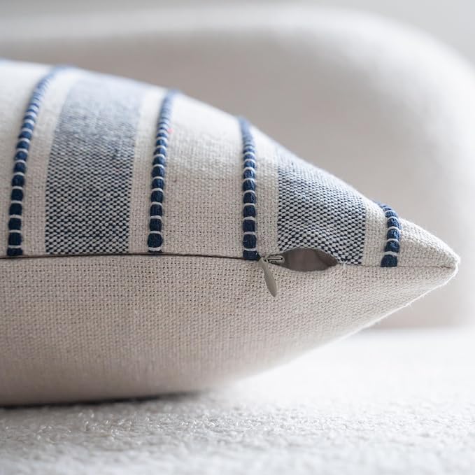 Cethom Decorative Boho Throw Pillow Covers, Farmhouse Textured Pillow Case, 22 x 22 Inch Set of 2, Chair Sofa Bedroom Living Room Decor Couch Cushion Case, Navy Blue and Beige Striped