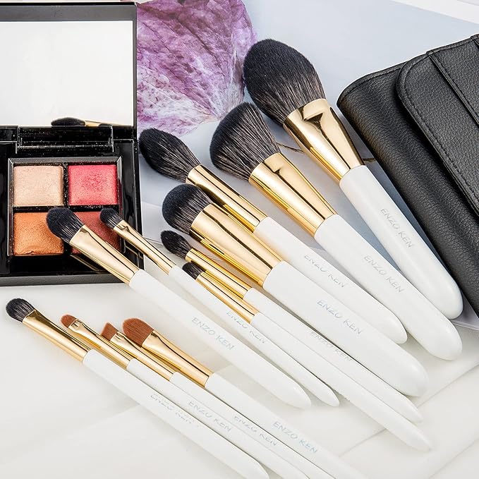 ENZO KEN Natural Black Goat Hair Makeup Brush Set with Case, Natural Hair Makeup Brushes Set Professional, Make up Brushes Set Professional, Natural Makeup Brushes, Natural Bristle Makeup Brushes.