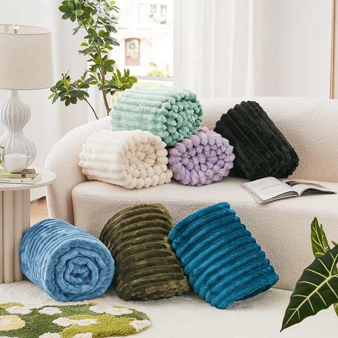 EXQ Home Fleece Throw Blanket for Couch or Bed - 3D Stripe Jacquard Decorative Blankets - Cozy Soft Lightweight Fuzzy Flannel Blanket Suitable for All Seasons(50"×60",Cyan-Blue)