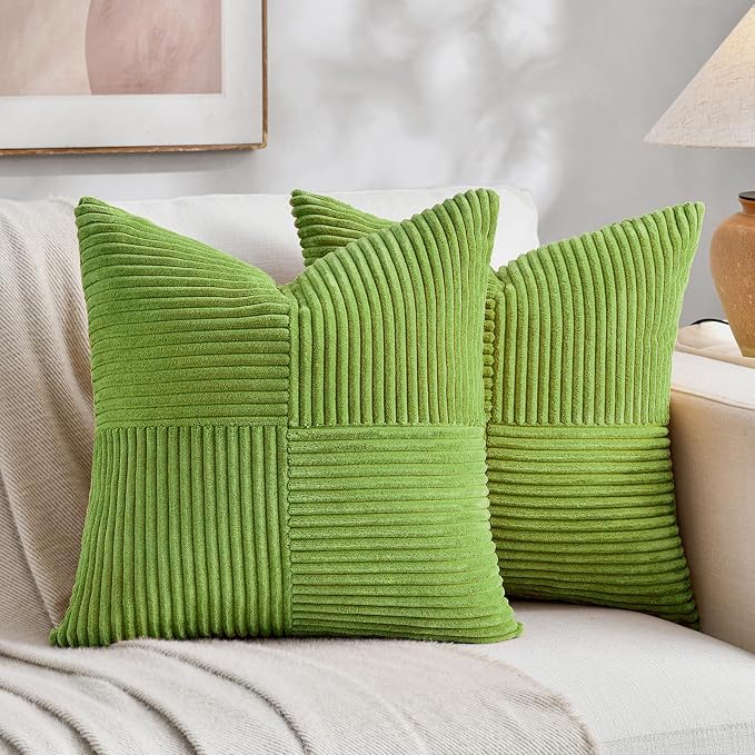 Fancy Homi Set of 2 Lime Green Samll Decorative Throw Pillow Covers 12x12 Inch with for Couch Bed Sofa Living Room, Soft Cross Patchwork Striped Corduroy Modern Square Cushion Case 30 cm