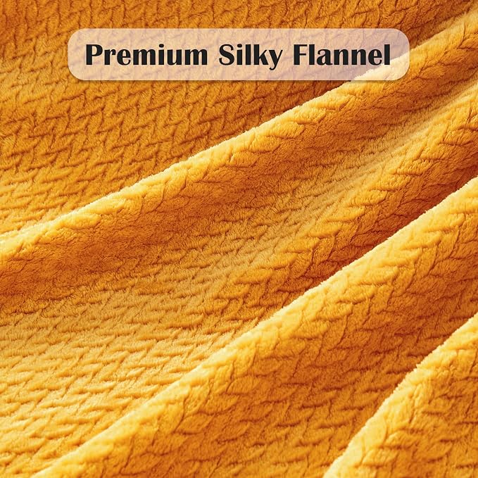 NEWCOSPLAY Fleece Leaves Pattern King Blanket, Mustard Yellow, 90"x110" | Super Soft Throw Blanket, Lightweight Cozy Bed Sofa Blanket, Premium Silky Flannel Fleece, Travel Blanket for All Season Use