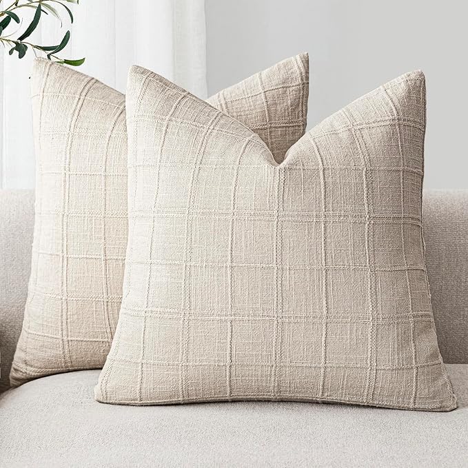 Foindtower Set of 2 Decorative Linen Check Throw Pillow Covers Neutral Farmhouse Vintage Cushion Covers Modern Boho Home Decor for Sofa Chair Couch Bedroom Living Room,22×22 Inch,Natural Beige
