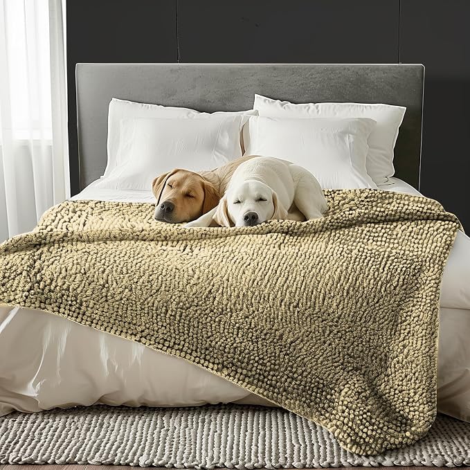 Muddy Mat® Dog Blanket - Chenille Water Absorption Blanket for Bed & Couch Cover for Dogs Washable, Anti-Slip Soft and Durable Furniture Protector for Dogs - Beige 30"x70"