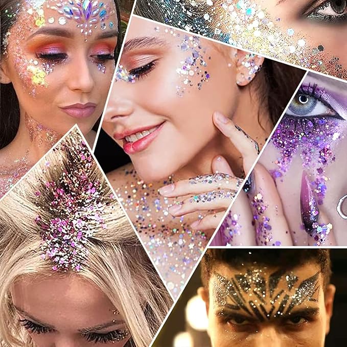 12 Vibrant Shades Face & Body Glitter Gel Set - Long Lasting Cosmetic Glitter for Festival Makeup, Hair Sparkles, Carnival Parties - Waterproof Non-Irritating