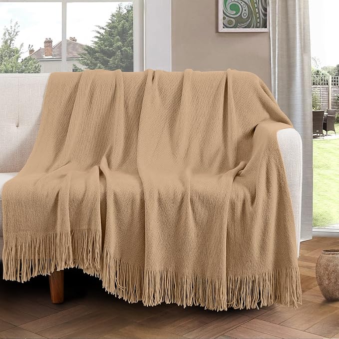 Vonty Light Brown Knitted Blanket with Tassels Fringe 50" x 60", Super Soft Knit Throw Blanket, Farmhouse Decorative Lightweight Blanket for Couch, Sofa, Bed | Super Soft And Lightweight, Year-Round Cozy Warmth, Farmhouse Decorative Style, Machine Wash...