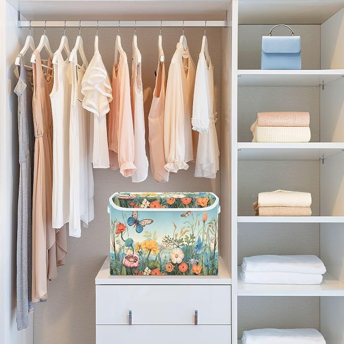 Colorful Flower Pattern Storage Bins with Lids and Carrying Handle,Foldable Storage Boxes Organizer Containers Baskets Cube with Cover for Home Bedroom Closet Office