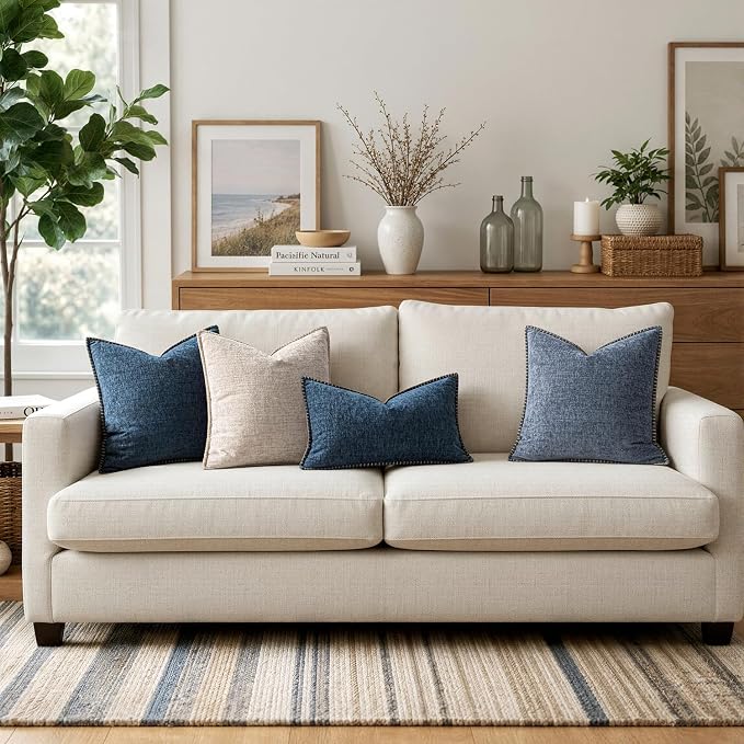 MIULEE Decorative Couch Throw Pillow Covers 20x20 Inch Dark Blue 2 Pack | Farmhouse Pillow Covers with Stitched Edge, Soft Chenille Cushion Cases, for Sofa Bed Living Room Home Decor