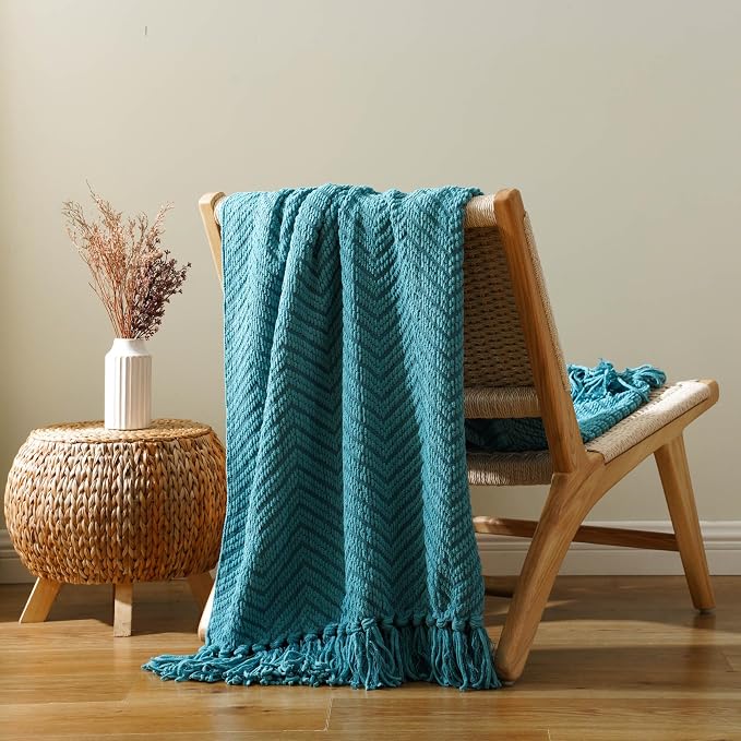 BATTILO HOME Teal Throw Blanket for Couch, Knit Woven Turquoise Blanket Versatile for Chair, Super Soft Warm Decorative Blanket with Tassels for Bed, Sofa and Living Room, 60" x 80"
