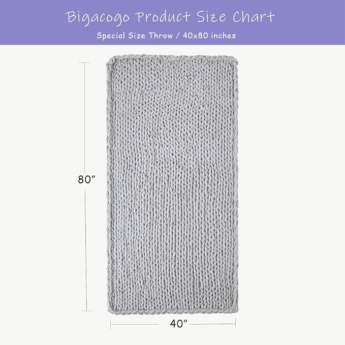 Bigacogo Chunky Knit Throw Blanket for Couch, 40x80 inches, Light Grey | Hand Knit with Jumbo Chenille, Soft Breathable Cable Knit for Sofa Bed Living Room, Machine Washable, Gift for Mom Friend