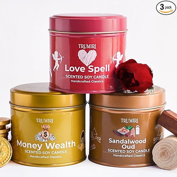 Love Spell, Money Wealth, Sandalwood Oud - Soy Candles Non Toxic - Highly Scented Long Lasting with Essential Oils - Variety Pack of 3 x 5oz - for Home Aromatherapy Meditation Gift Travel