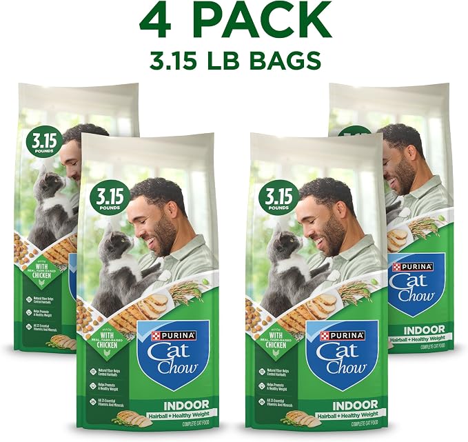 Purina Cat Chow Indoor Healthy Weight and Hairball Dry Cat Food With Chicken - (Pack of 4) 3.15 lb. Bags