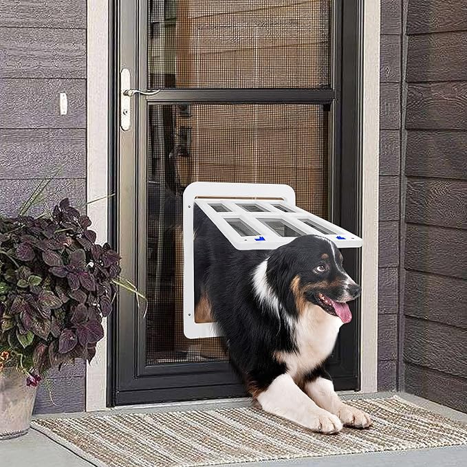 Dog Door for Sliding Door, Lockable Dog Screen Door with Magnetic Closure Easy Install Pet Door for Dogs Cats, Inner Flap 11.2 x 14.4 inches, White L
