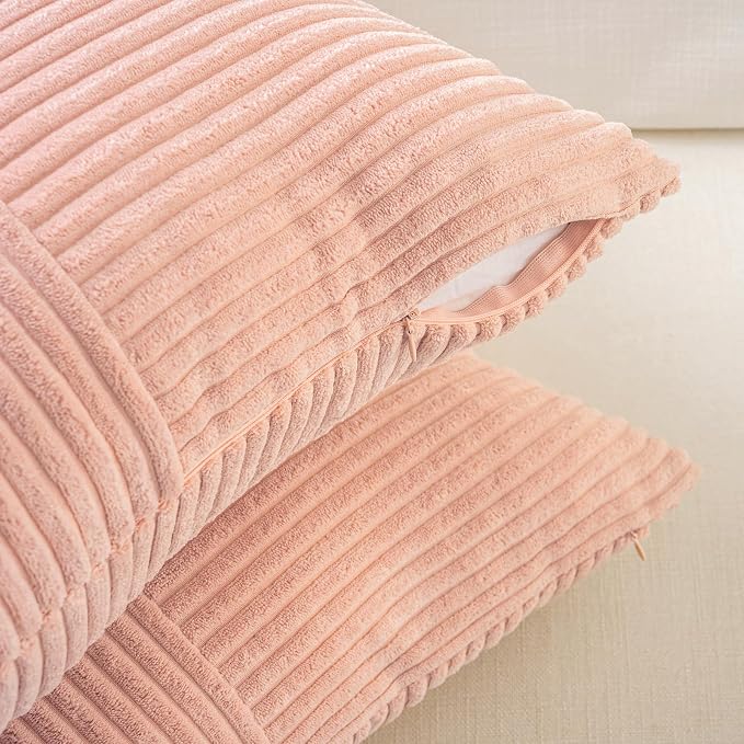 Fancy Homi Set of 1 Peach Long Lumbar Decorative Throw Pillow Covers 16x24 Inch for Couch Bed Sofa, Rustic Farmhouse Boho Home Decor, Soft Striped Corduroy Rectangle Accent Cushion Case 40x60 cm