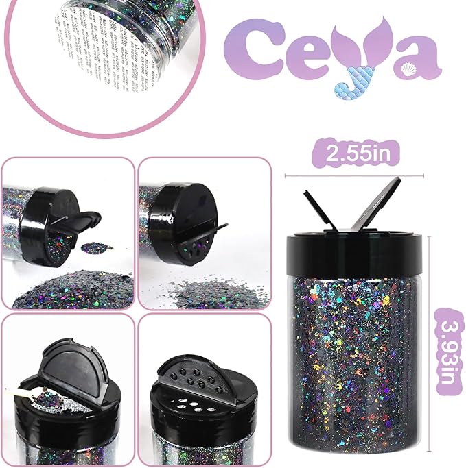 Ceya Holographic Chunky Glitter, 4.9oz/ 140g Silver Grey Craft Glitter Powder Mixed Chunky & Fine Flakes Iridescent Nail Sequins for Nail, Hair, Epoxy Resin, Tumblers, Slime, Painting, Festival Decor