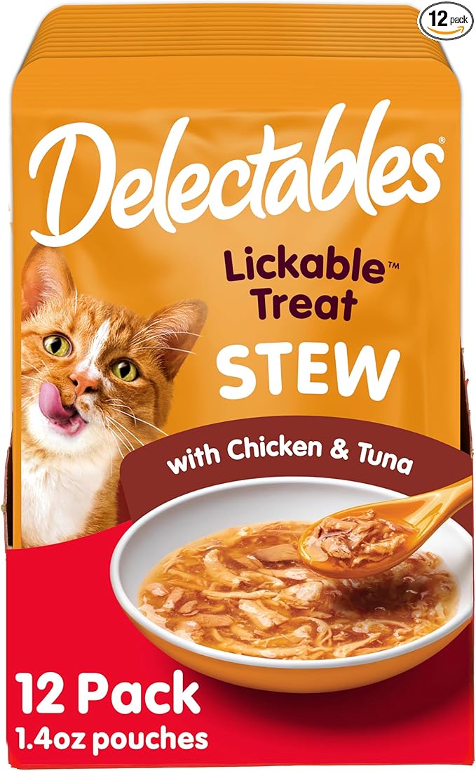 Delectables Lickable Treat Stew Wet Cat Treat with Real Chicken & Tuna, Food Topper, Hydrating, Grain-Free, No Fillers, No By-Products, No Added Preservatives, 1.4oz Pouch, 12ct