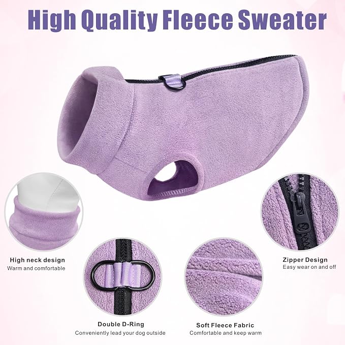 Idepet Dog Fleece Vest Sweater Zip Up Warm Pullover Dogs Jacket with D-Ring Leash Winter Cold Weater Coat Pet Sweatershirt Clothes Hoodie for Small Medium Dogs Boy Girl (Purple, XS)
