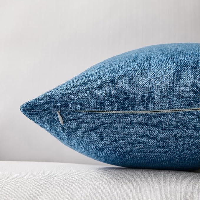 Meekio Set of 2 Blue Pillow Covers 20 x 20 Inch Farmhouse Boho Decorative Throw Pillow Covers Linen Cushion Covers for Sofa Couch Décor