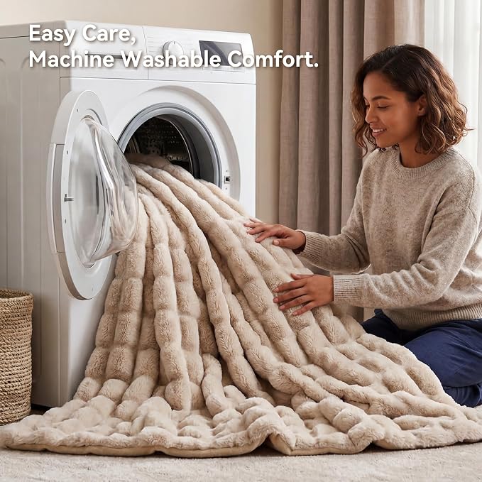Linen Fluffy Blanket for Couch - Luxury Faux Rabbit Fur 50"x60" | Ultra Soft & Plush Comfort Ruched Blanket, Cozy Fuzzy Fleece Throw for Sofa, Bed & Office, Gift for Women, Linen Room Decor
