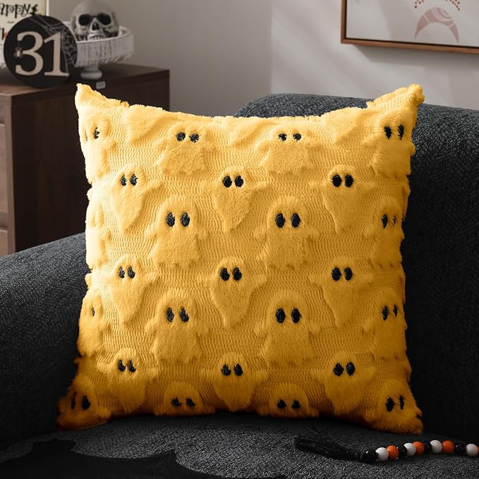 DFXSZ Halloween Pillow Covers 20x20 inch 2Pcs Yellow Ghost Halloween Decor | Halloween Decorations Set of 2 Throw Pillow Cases Plush Faux Fur Wool Cushion for Chair Sofa Bedroom Living Room Home Decor