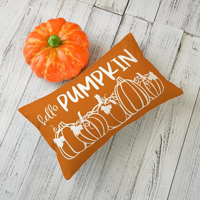ONWAY Fall Pillow Cover 12x20 Hello Pumpkin Decorative | Throw Cushion Case for Couch Sofa Farmhouse Decor Autumn Thanksgiving Pillowcase for Home Decorations