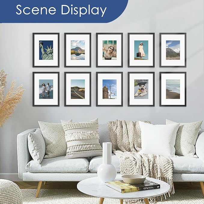 9x12 Picture Frame Set of 6, Wall or Tabletop Display, Black | Display Pictures 6x8 with Mat or 9x12 Without Mat, Horizontal or Vertical, Gallery Wall Frame Set, Wedding Birthday Gifts