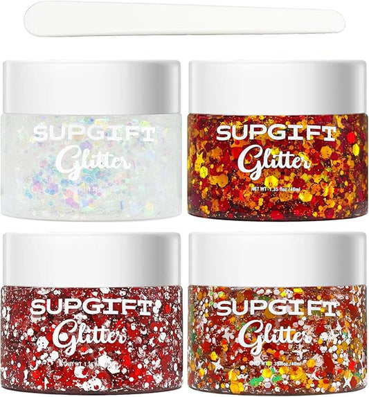 Christmas Body Glitter Gel SUPGIFT 4 Colors 8.5oz Holographic Chunky Mermaid Iridescent Laser Liquid Star Flower Leaf Sequins for Makeup Face Eyeshadow Hair with Spoon