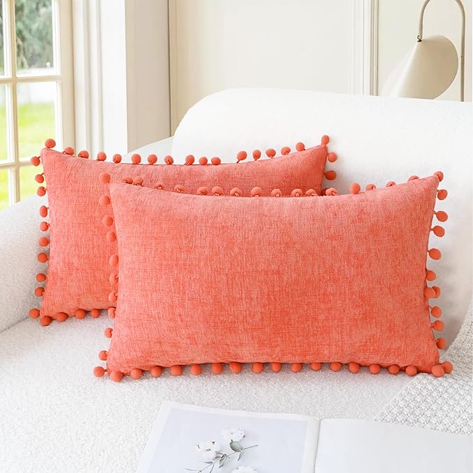 CaliTime Decorative Couch Throw Pillow Covers 20 X 12 Inches Living Coral | Pack of 2, Cozy Chenille Cushion Cases, with Pom Poms for Sofa Bed Living Room Farmhouse Home