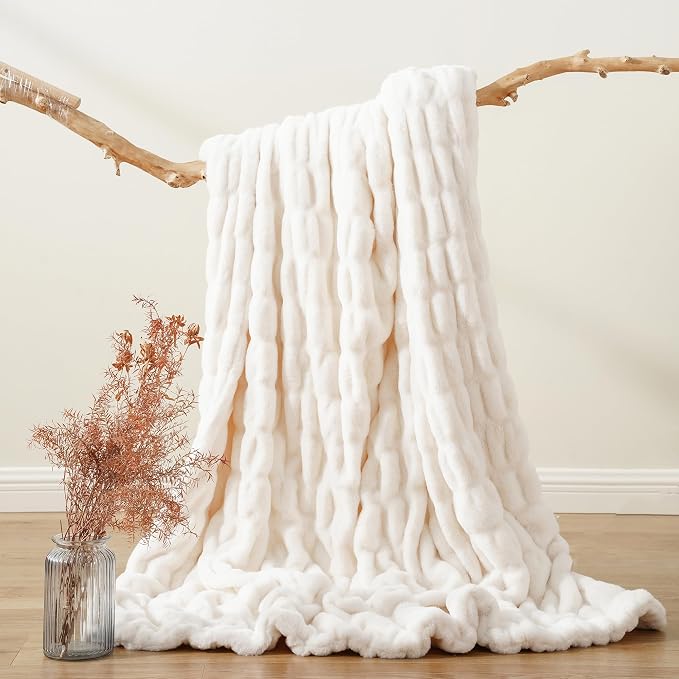 BATTILO Soft Faux Fur Throw Blanket for Couch, Double Side, 60"x80", White | Luxury Minky Couture Blanket, White Throw Blanket, Silky Cozy Soft Thick Faux Fur Blanket For Bed, Sofa Living Room
