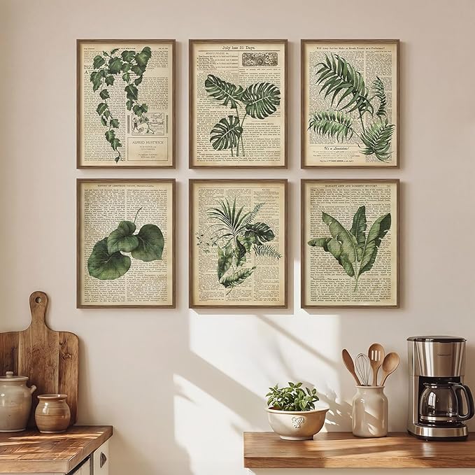 Framed Vintage Botanical Wall Art, Set of 6 Green Leaf and Fern Canvas Painting Prints, Rustic Farmhouse Plant Artwork for Living Room Bedroom Kitchen Dining Room Office Apartment Decor, 11x14 Inch