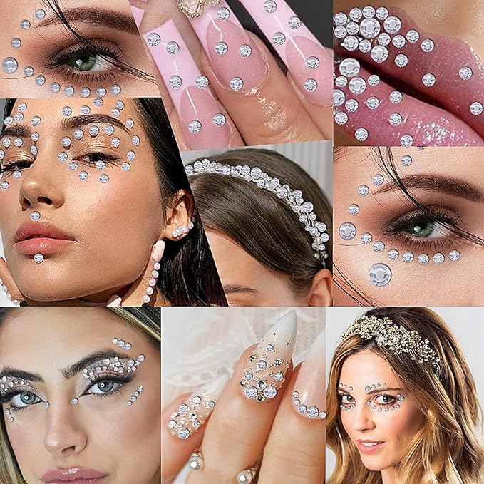 3555pcs Self Adhesive Face Gems for Makeup, Festival Jewels, Hair Gems, Rhinestone Stickers for Face, Eye, Makeup, Nail, Body, Crafts 5sheets (white-3/4/5/6/8mm)