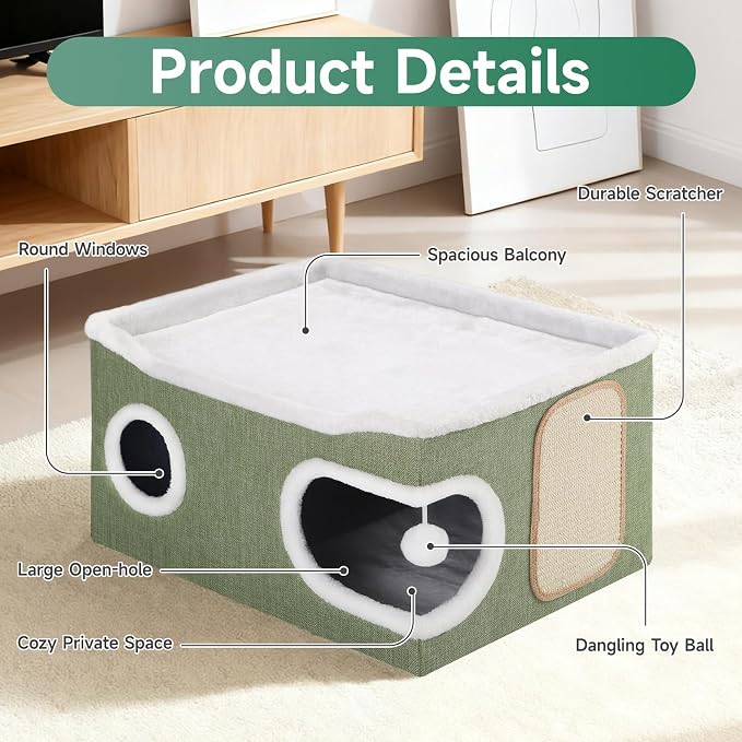 Shikha Extra Large Cat House Bed for Multi Cats with Scratch Pad Green | 24 x 17.7 x 12.6 IN Widen Cat Cave Cube for Multi Pets, Foldable, Arc-Edge Design, Oval Door, All Seasons Reversible Cushion