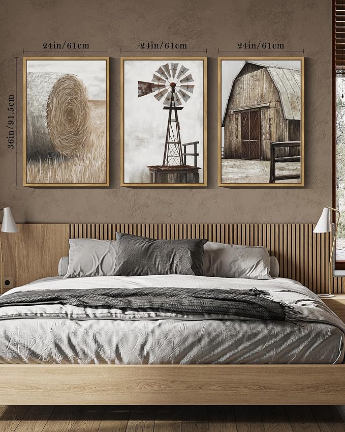 Drsoum Farmhouse Wall Art Vintage Rustic Windmill Barn Cornfield Pictures Framed Painting Landscape Countryside Rural Canvas Artwork Home Decor Ready to Hang 24x36in - Natural Framed