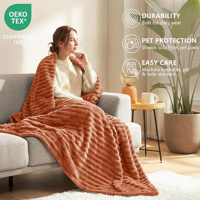HIMEET Burnt Orange Throw XL Blanket, 300GSM Ribbed Fleece, 50 x 70 Inches | Ultra Soft Flannel, All-Season Lightweight Warmth, Extra Coverage for Couch Lounging, Home Room Decor, Machine Washable
