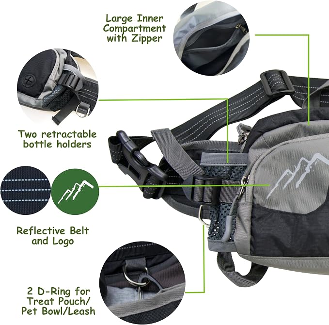 Dog Walking Fanny Pack with Removable Treat Pouch & 2 Retractable 300ml Water Bottle Holders, No Spill Magenetic Clasp - Hands-Free Pouches Training Waist Bag for Dog Owners, Poop Bag Dispenser