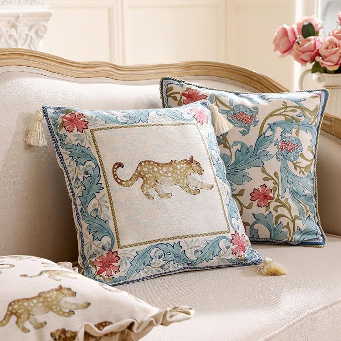 patdrea Designer French Vintage Linen Throw Pillow Cover,18"x18"-Fromm B | Elegant Decorative Pillow Case,Leopard Print with Tassel,Pillow Cover for Couch Living Room Bedroom Sofa