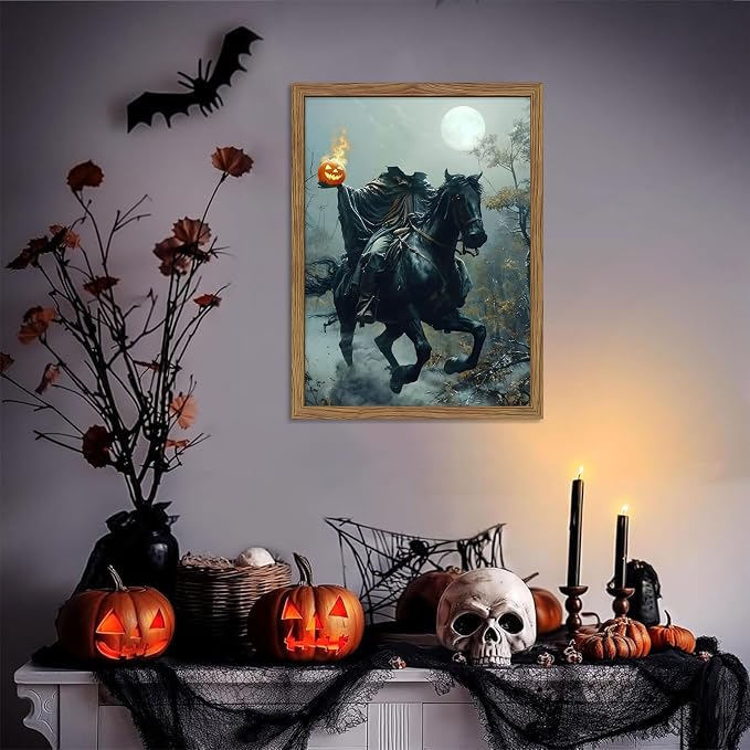 Vintage Framed Halloween Wall Art, Gothic Headless Horseman Pumpkin Picture Poster, Spooky Fall Forest Canvas Prints, Dark Academia Halloween Wall Decor for Living Room Bedroom 12x16 inch