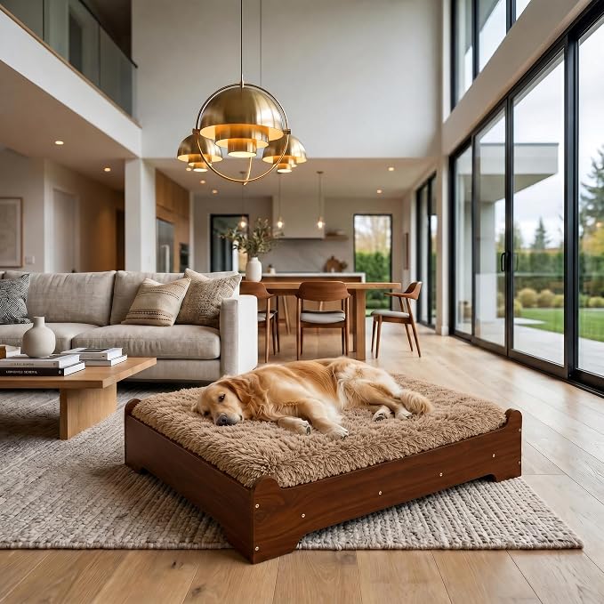 Elevated Wood Dog Bed Frame with Foam Mattress, WalnutPattern, XL | Raised Dog Bed with Washable Cover, Furniture-Style Design for Indoor Living