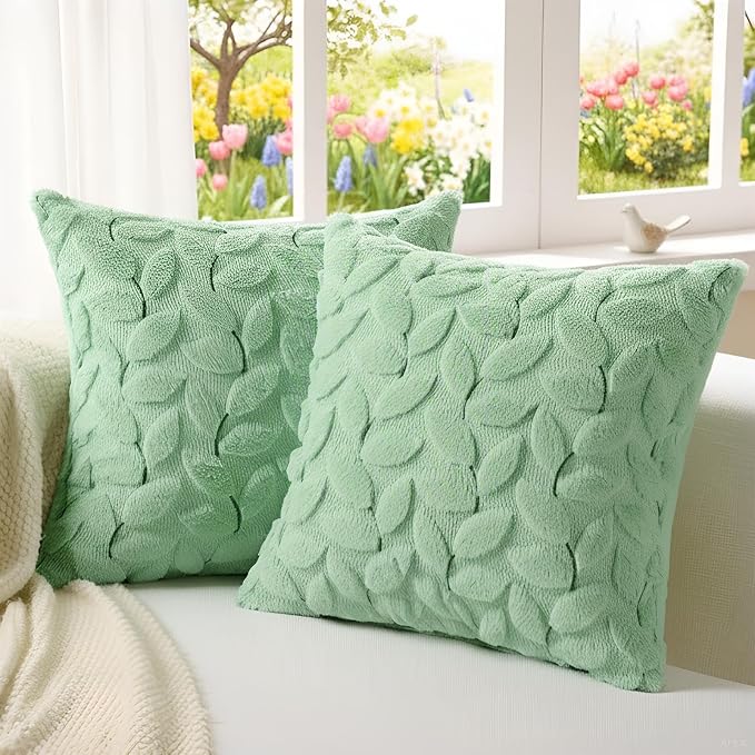 Softalker Spring Summer Throw Pillow Covers 18 x 18 Inch Set of 2, Green Leaves Soft Plush Faux Fur Cushion Covers, 3D Embroidered Pillow Cases for Couch Bedroom Living Sofa Room Home Decor, Sage