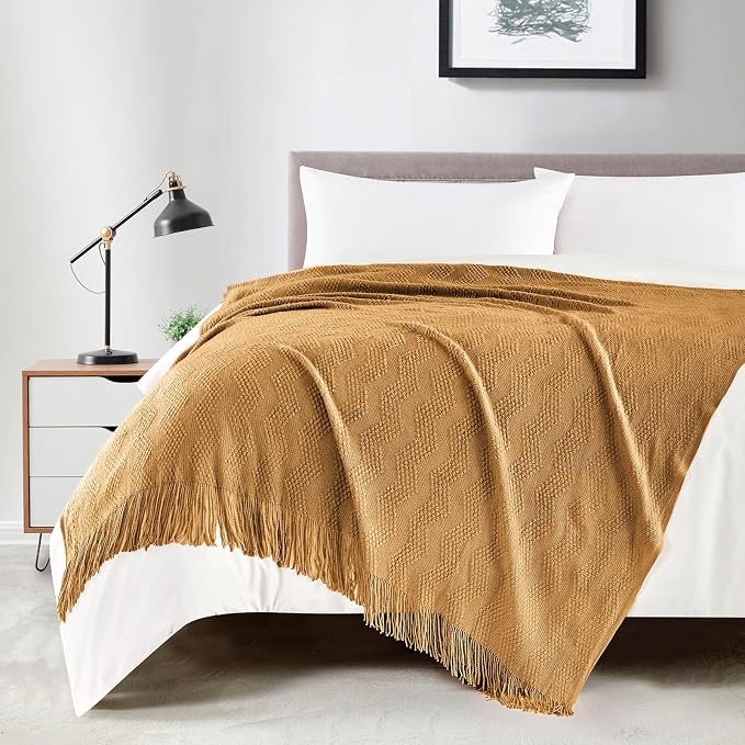 BOURINA Almond Throw Blanket 50x60 Inches Throw Textured Solid Soft Ripple Throws and Blankets for Sofa or Bed Knitted Decorative Throw