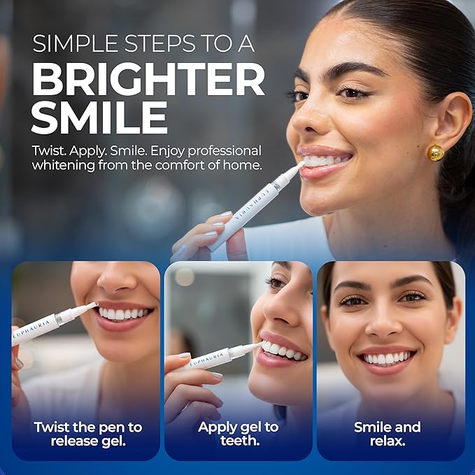 Euphauria Premium Teeth Whitening Pen with Pro Whitening Gel 4ML (0.14fl oz) Professional Pen Solution with Hydrogen Peroxide Gel Refill for Teeth, Convenient & Travel-Friendly Stick Design for Adults