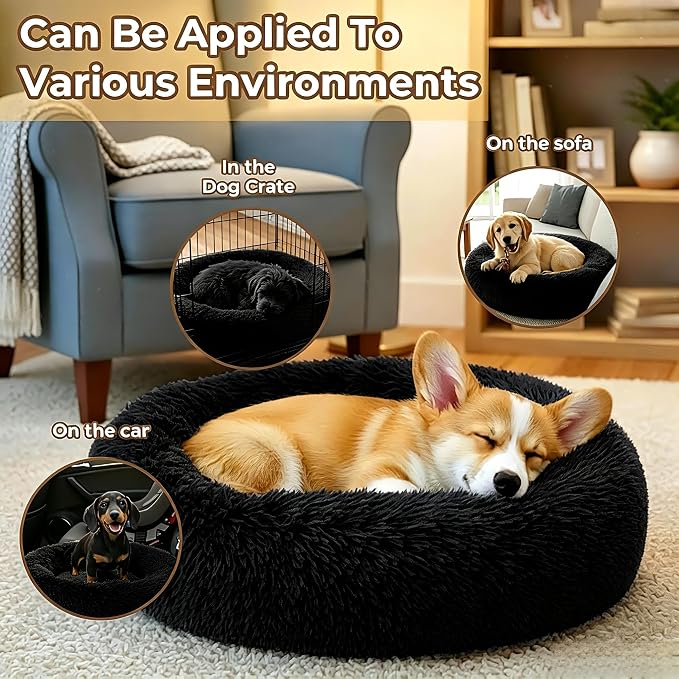 Calming Donut Dog and Cat Bed for Indoor Cats, Anti-Anxiety Round Fluffy Soft Washable Small Pet Bed for Puppy and Kitten, Warming Comfortable Luxury Anti-Slip Waterproof Mute Base 20in Black